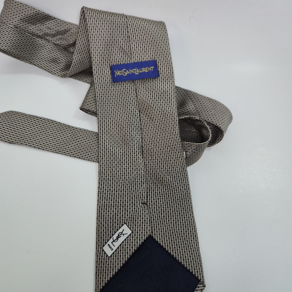 Yves Saint Laurent Men's Neck Tie Tan With Dark Squares Pattern